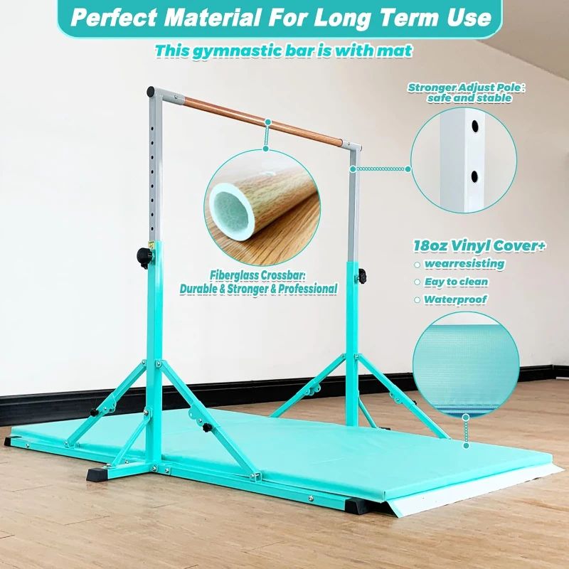 MARFULA Adjustable Gymnastics Kip Bar with Mat (5 ft) - Foldable, Height 36–60 in, 13 Levels, 6-Point Support for Kids & Teens