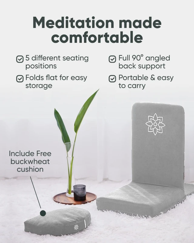 Mindful Modern Folding Pro Meditation Chair - Adjustable Floor Seat with Back Support and Half-Moon Buckwheat Cushion, Comfortable Mindfulness Living Room Chair