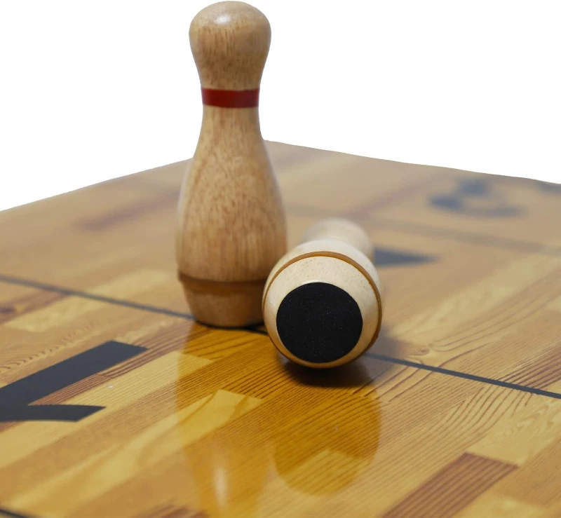 Shuffleboard Bowling Pin Kit with 10 Solid Hardwood Pins, Triangular Rack, Resin Ball and Mesh Carrying Bag - Fun Family Shuffleboard Accessory