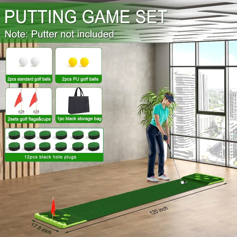 Golf Putting Game Set with Front Borders — Indoor/Outdoor Foldable Putting Pong Mat with 4 Balls, Carry Bag, 2 Flags & Cups for Parties, Backyard & Office