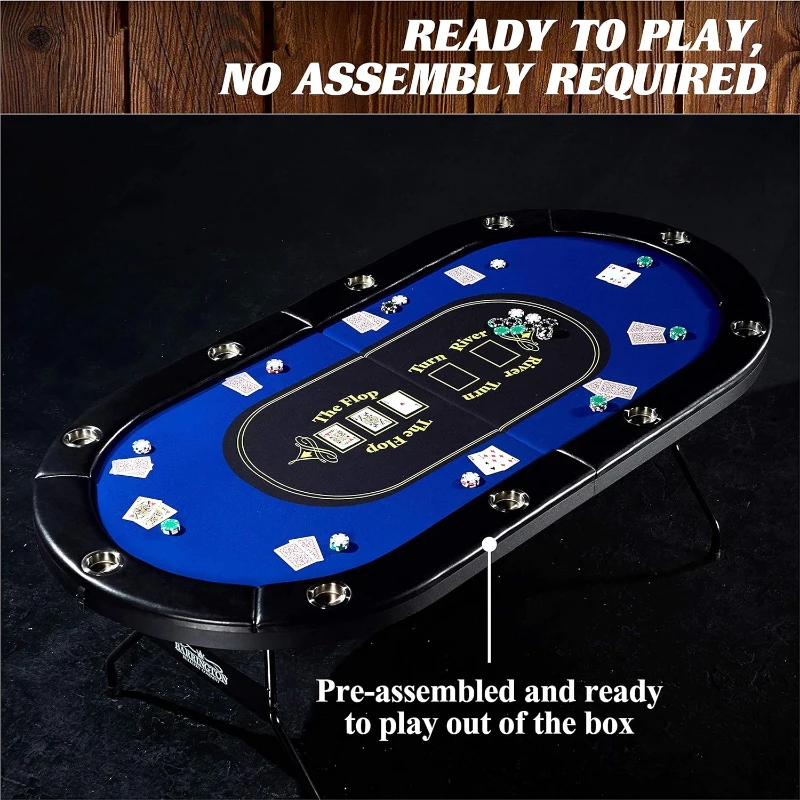 Barrington Folding Poker Table & Table Top Collection — 10-Player Padded-Rail Tables with Blue/Black Felt Texas Hold'em Layout, Foldable Dining & Game Table