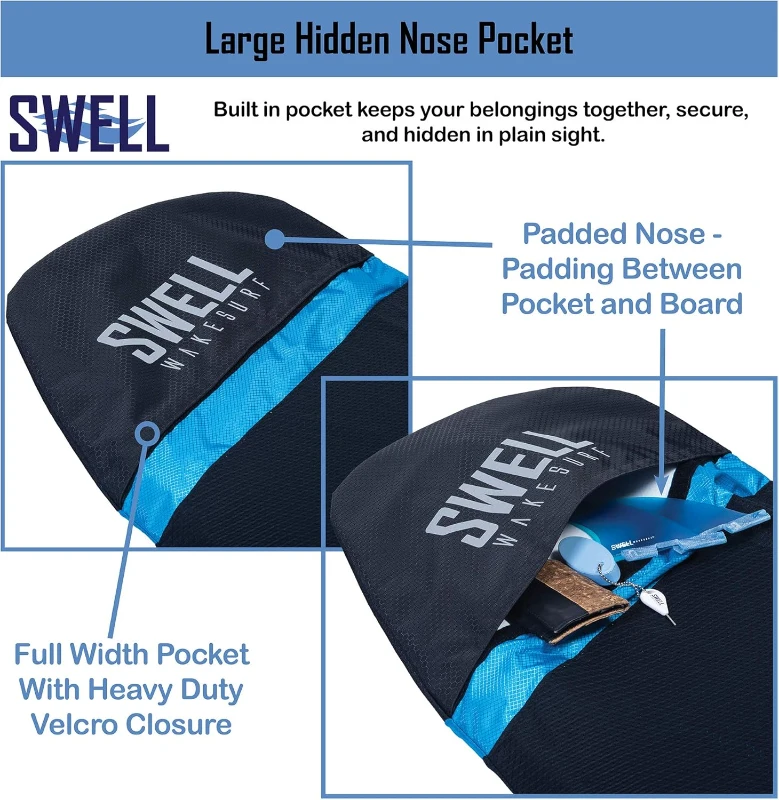 SWELL Adjustable Wakesurf Board Sock — Expandable Cover with Padded Nose Pocket, 600D Polyester Protection, One Size Fits Most