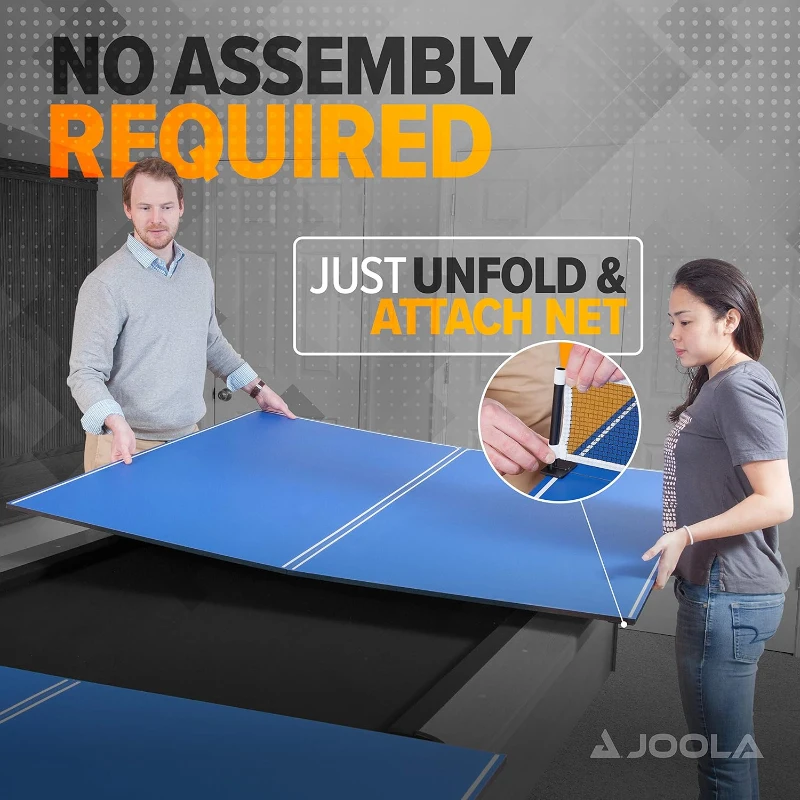 JOOLA Conversion Top with Net — Converts Billiard or Dining Tables into Regulation 9x5 ft Table Tennis Surface (12mm) with Foam Protection, 4-Piece Hinge