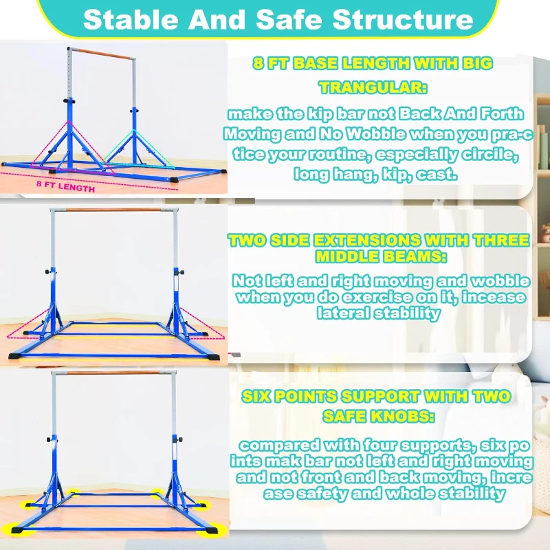 Marfula Foldable Gymnastics Kip Bar for Kids & Teens (Ages 3-25) - 5Ft/8Ft Base Length, 4Ft Width, 5Ft Adjustable Height - Portable Home and Club Training Bar