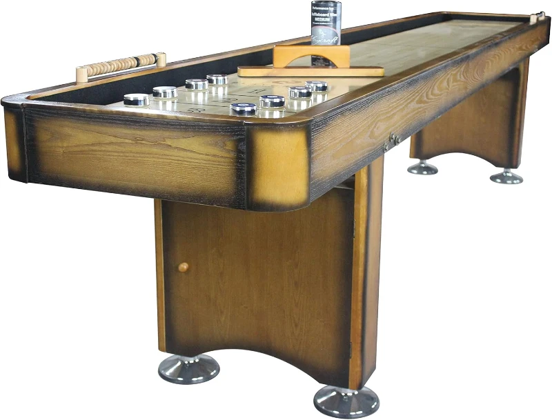 Playcraft Georgetown Shuffleboard Table with Built-In Storage Cabinet, Matching Abacus, 8 Pucks, Brush & Wax - Pro Climate Adjusters, Hand-Stained Burnished Finish