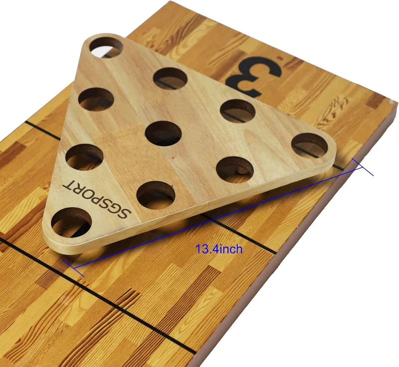 Shuffleboard Bowling Pin Kit with 10 Solid Hardwood Pins, Triangular Rack, Resin Ball and Mesh Carrying Bag - Fun Family Shuffleboard Accessory