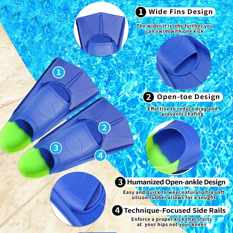 Kids Short Swim Fins by Fanwill — Soft, Comfortable Flippers for Lap Workouts and Swim Training (Boys & Girls, Beginners)