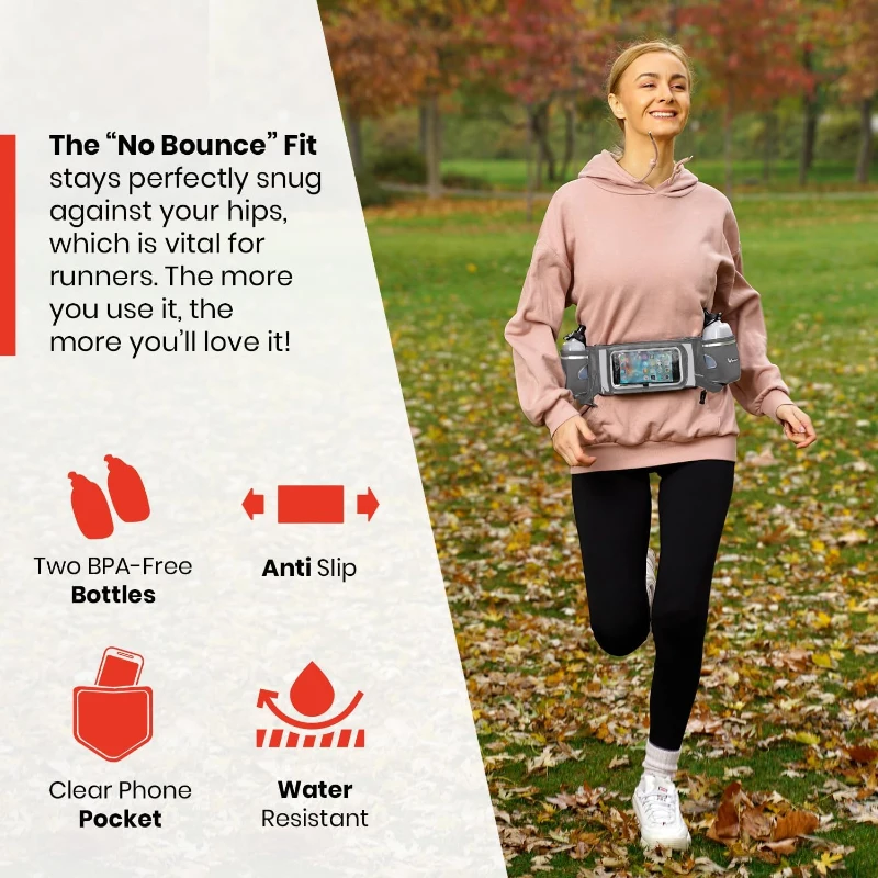 No.1 Hydration Belt by Runtasty - Elite Running Fuel Belt w/2 BPA-Free 10 oz Bottles, Tilt-Up Touchscreen Pocket, Fits All iPhones, Includes Runners Ebook & No-Bounce Fit