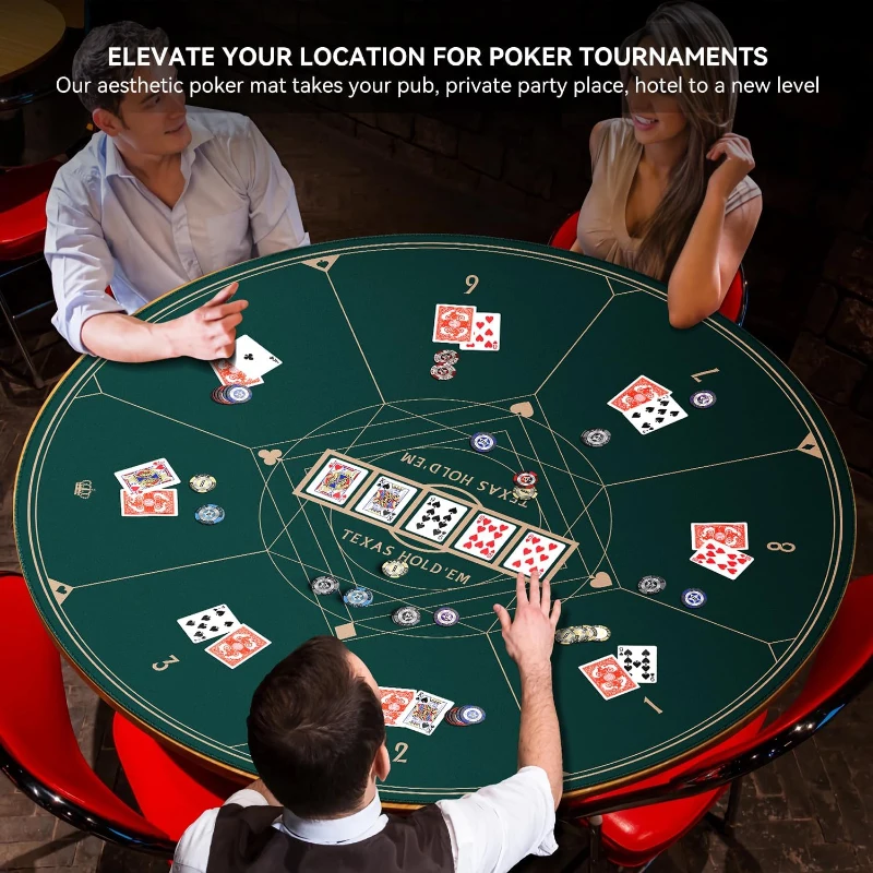 YUZPKRSI 47-Inch Round Poker Mat — Green & Gold Casino-Style Table Top, Durable Sewn Edges, Portable Rubber Poker Surface with Carrying Bag