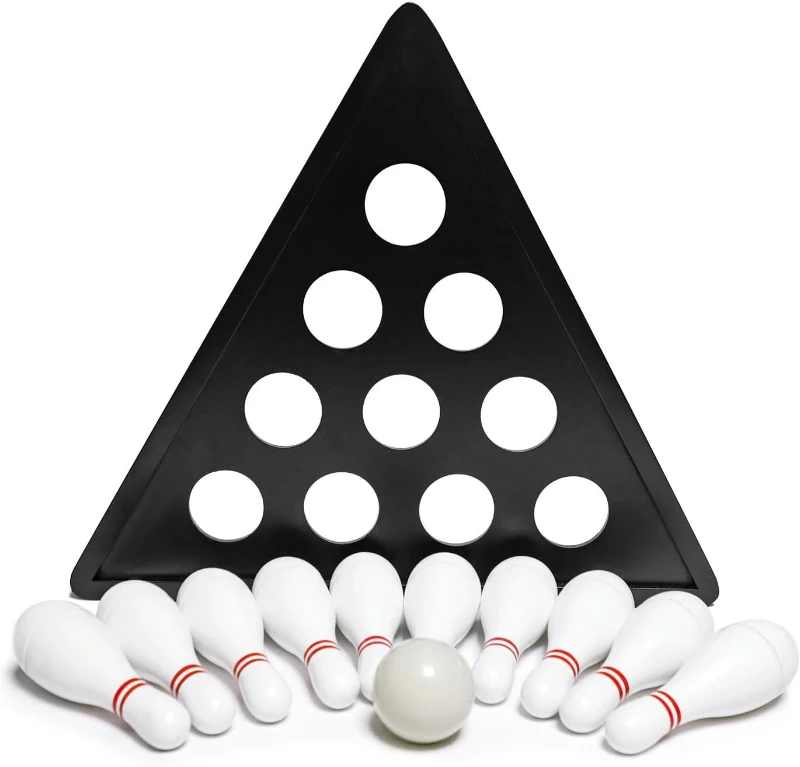 Shuffleboard Bowling Set - 10 Premium Hardwood Pins with Durable Triangular Pinsetter, Resin Bowling Ball and Carry Bag for Shuffleboard Games