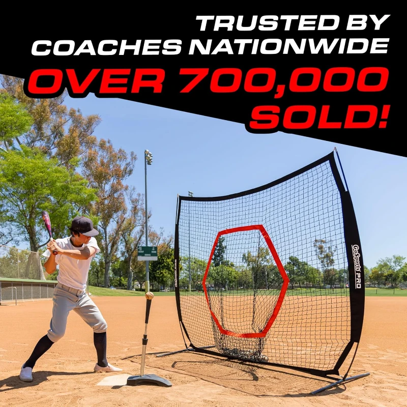GoSports 7' x 7' Baseball & Softball Net — Red, Black or PRO Version with Bow Frame, Carry Bag & Strike Zone (All Skill Levels)