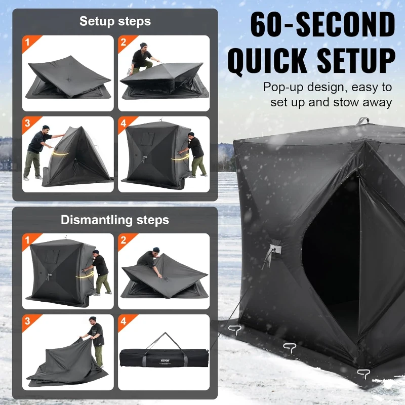 VEVOR Pop-Up Ice Fishing Tent — Hub-Style Portable Shelter, Insulated & Non-Insulated Options, Multiple Sizes (1–8 Persons), Waterproof 300D Oxford with Anchors, Ropes & Carry Bag