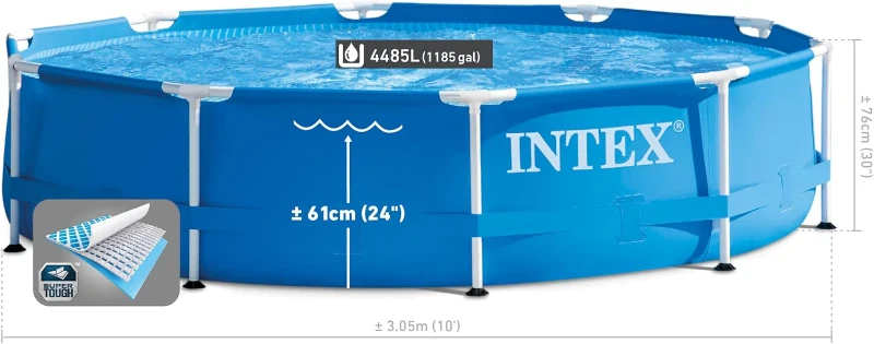 INTEX 28201EH 10ft x 30in Metal Frame Above-Ground Pool Set with 330 GPH Cartridge Pump – Puncture-Resistant 3-Ply PVC – Rust-Resistant Frame – 1,185 Gallon Capacity