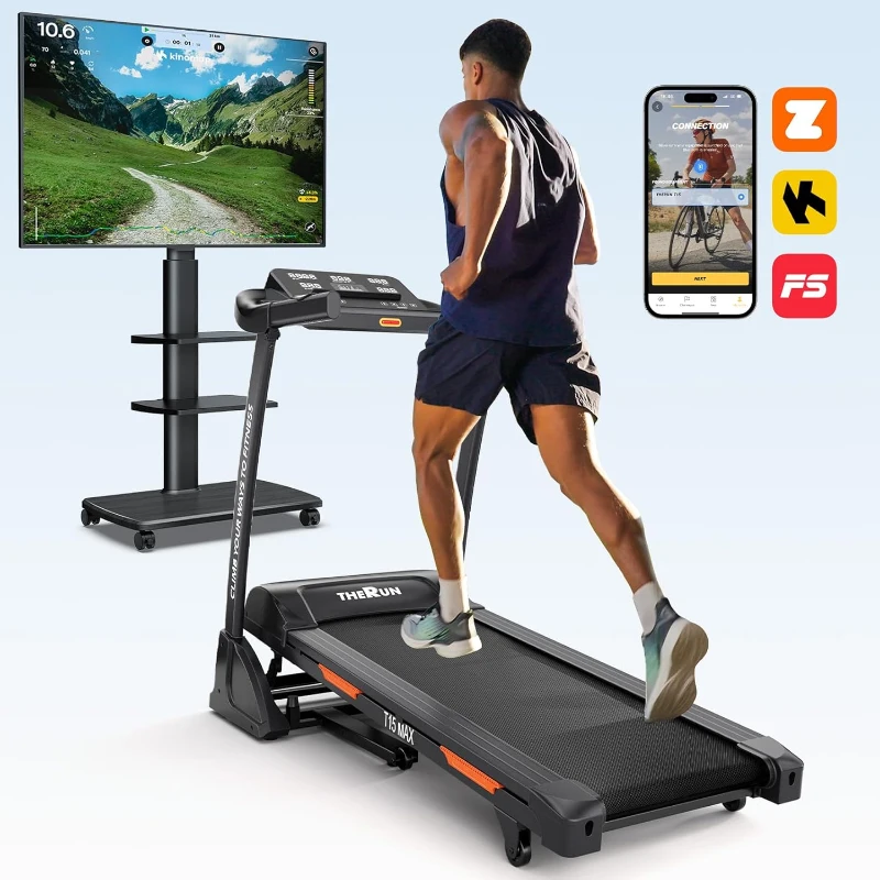 THERUN Foldaway Incline Treadmill with Bluetooth Speakers, 300 lb Capacity, 0–15% Auto Incline, 17"" x 47.2"" Wide Belt, 3.5HP, App Support