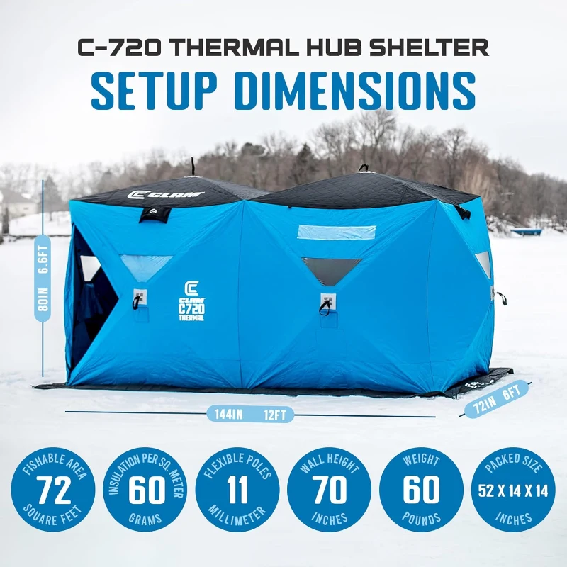 CLAM Double-Hub Portable Ice Fishing Thermal Shelter with Anchors, Tie Ropes and Carry Bag