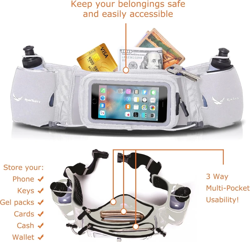 No.1 Hydration Belt by Runtasty - Elite Running Fuel Belt w/2 BPA-Free 10 oz Bottles, Tilt-Up Touchscreen Pocket, Fits All iPhones, Includes Runners Ebook & No-Bounce Fit