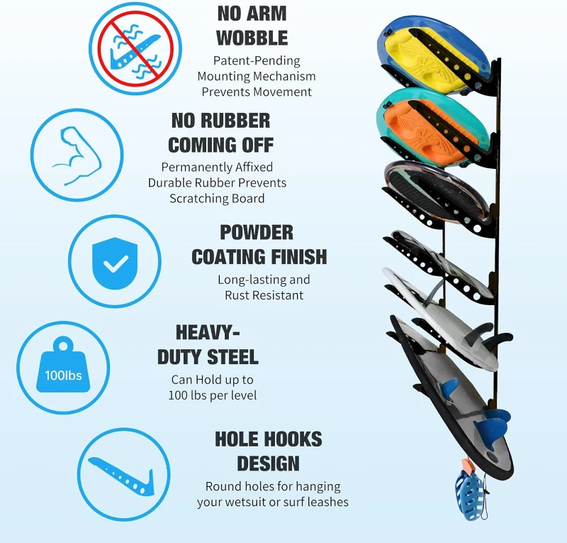 5 Board Surf Rack Wall Mount - Adjustable Wall Hangers for Surfboards, Wakeboards, Snowboards