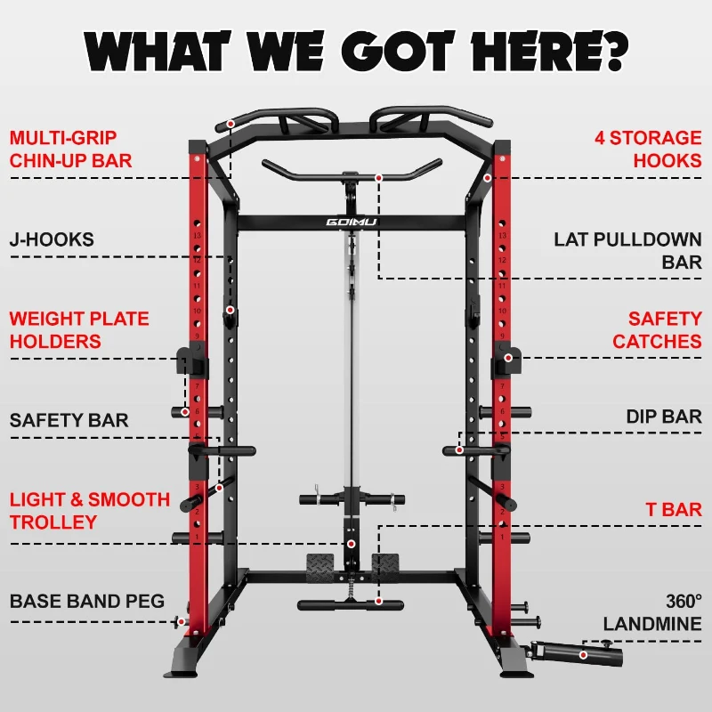 GOIMU C1-V4 Power Cage - 2000 lb Capacity Squat Rack with Lat Pulldown and Multi-Function Attachments for Home Garage Gym