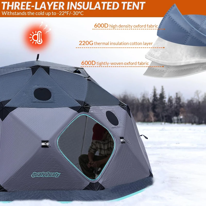 QualyQualy 8-10 Person Insulated Pop-Up Ice Fishing Tent with Floor - 147 sq ft Shelter with Stove Jack and Carry Bag