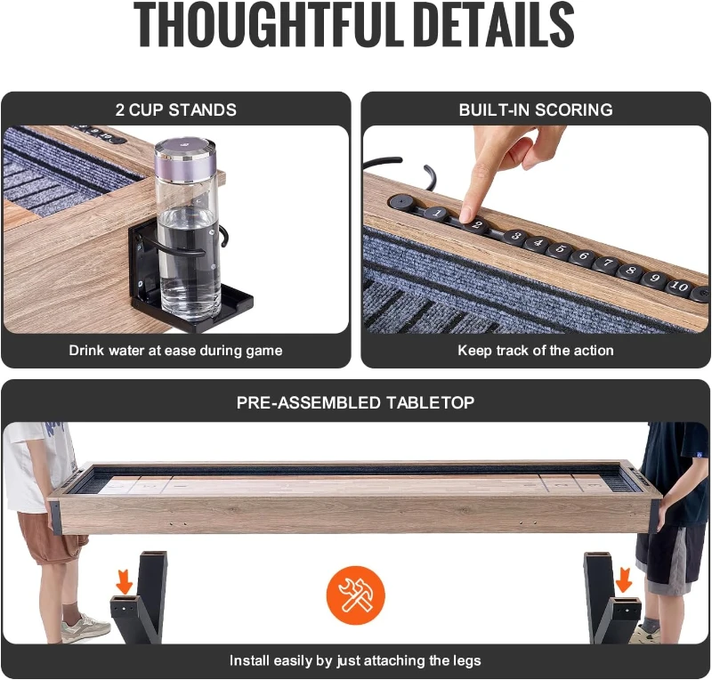 VEVOR 9 ft Shuffleboard Table — 2-in-1 Shuffleboard & Bowling Combo with Scratch-Resistant Poly Playfield, X-Style Legs, 8 Pucks, Bowling Set, Wax and Brush