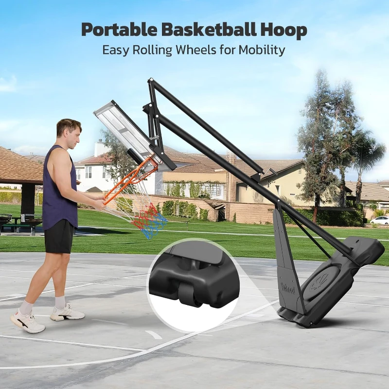 Portable Basketball Hoop System with 44/48"" PC Backboard, Quick Height Adjustment to 10 ft, Wheeled Base for Backyard/Driveway/Court