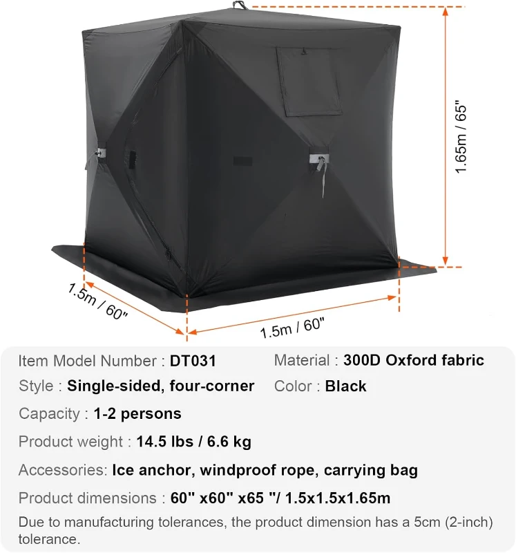 VEVOR Pop-Up Ice Fishing Shelter — Hub-Style Portable Tent, Insulated or Non-Insulated Options, Waterproof 300D Oxford Fabric, Includes Anchors, Ropes & Carry Bag (60 x 60 x 65 in)