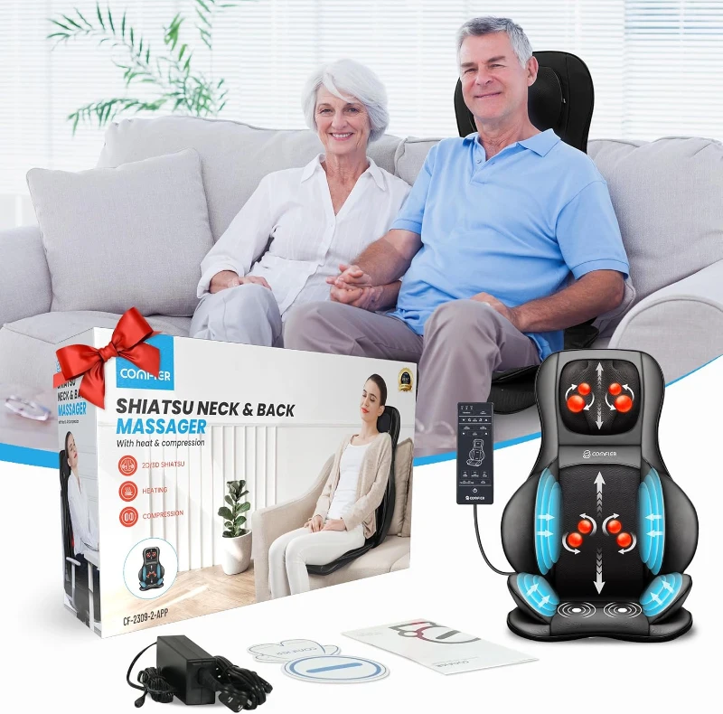 COMFIER Shiatsu Neck & Back Massage Pad with App Control — 2D/3D Deep-Kneading Chair Massager with Compression, Rolling, Vibration and Heat — Black Full-Body Massage Cushion