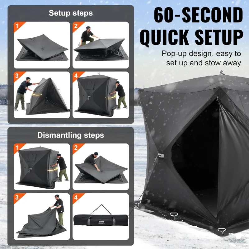 VEVOR Pop-Up Ice Fishing Shelter — Hub-Style Portable Tent, Insulated or Non-Insulated Options, Waterproof 300D Oxford Fabric, Includes Anchors, Ropes & Carry Bag (90 x 90 x 80 in)