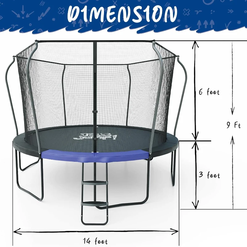 123JUMP by Skywalker — 10/12/14 ft Round Outdoor Trampoline with Enclosure & Ladder, ASTM F381-16 Certified, Spring Pad Cover & Heavy-Duty Jump Mat
