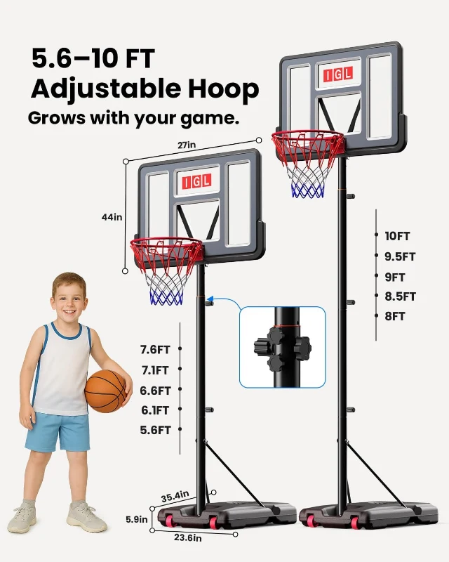 IGL Portable Basketball Hoop System, 5.6–10 ft Adjustable Stand with 44"" PC Backboard, Mobile Base for Kids, Youth & Adults (Backyard/Driveway)