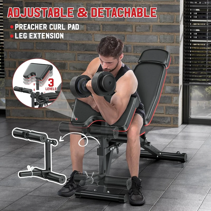 XDDIAS 900 lb Adjustable Workout Bench with Leg Extension/Curl, Extended Headrest & Preacher Pad – Incline/Decline/Flat (Includes 55 lb Adjustable Dumbbells)