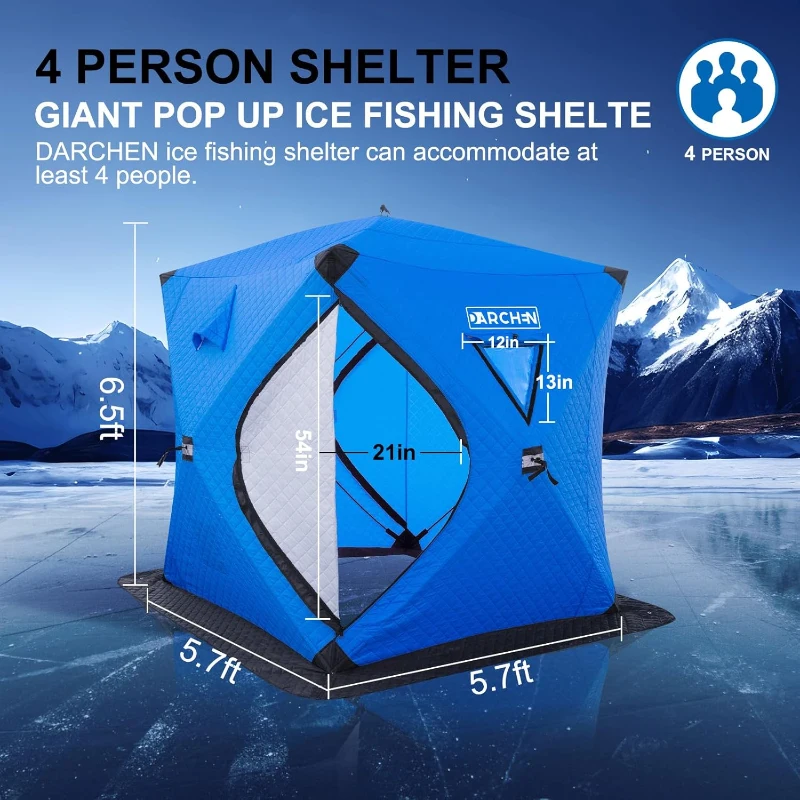 DARCHEN Insulated 3-Layer Pop-Up Ice Fishing Tent for 3–4 People — Thermal Shanty with Reinforced Skirt and Insulation