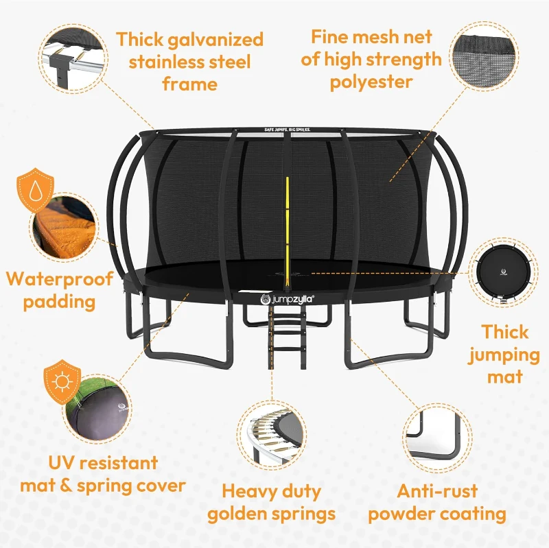 Jumpzylla Recreational Trampoline — 8–16 ft Options with Safety Net & Ladder, ASTM F381-16 Approved, Rust-Resistant Frame