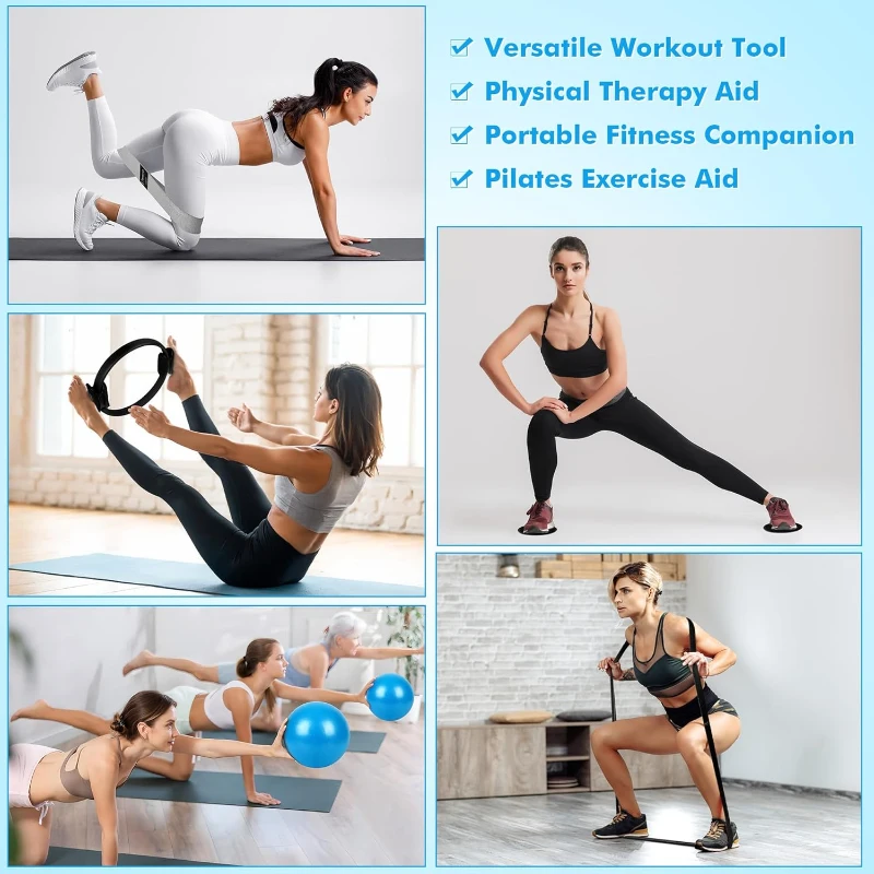 Complete Pilates Set with 14"" Ring, Fabric Resistance Bands, Mini Ball, Gliding Discs and Guide — Home Workout Kit