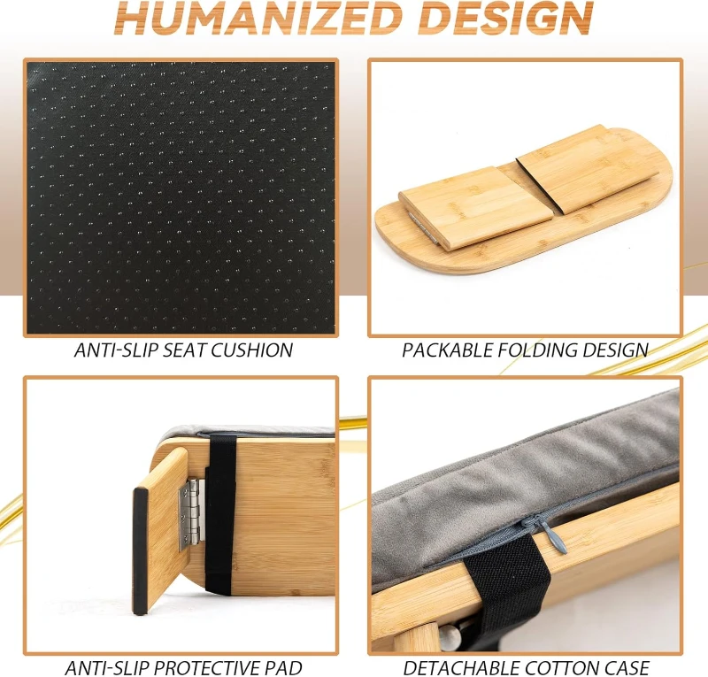 Large Bamboo Folding Meditation Bench with Cushion (Grey) – Upgraded Seiza Kneeling Stool, Ergonomic 6° Tilt with Magnetic Locking Hinges