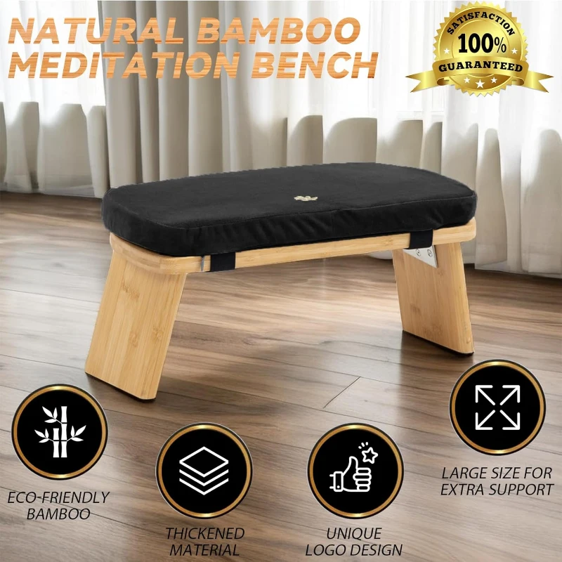 Bamboo Folding Meditation Bench — Seiza Kneeling Stool with Cushion (Black)