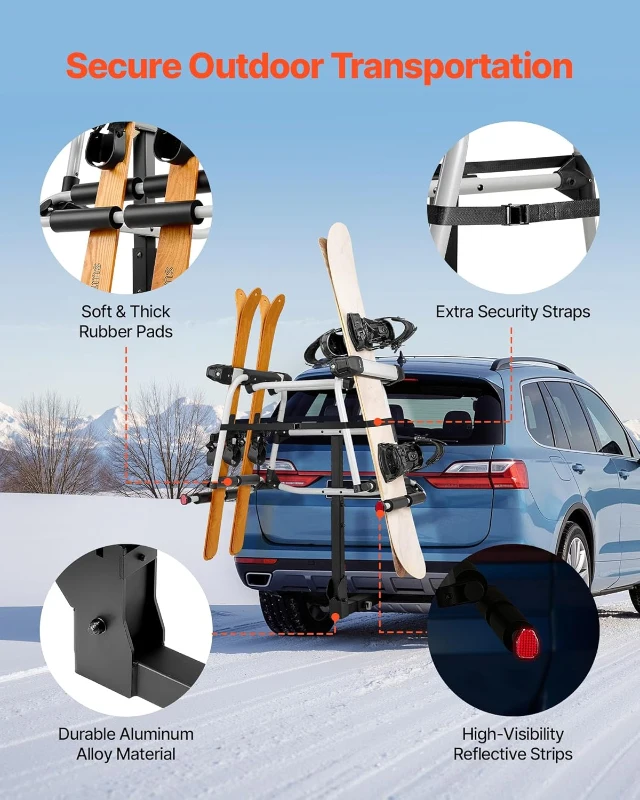 VEVOR Hitch-Mounted Ski & Snowboard Rack for 2-Inch Receiver, Carries up to 6 Pairs of Skis or 4 Snowboards, Includes Key Lock, Security Strap, 120° Tilt Access & Rubber Padding