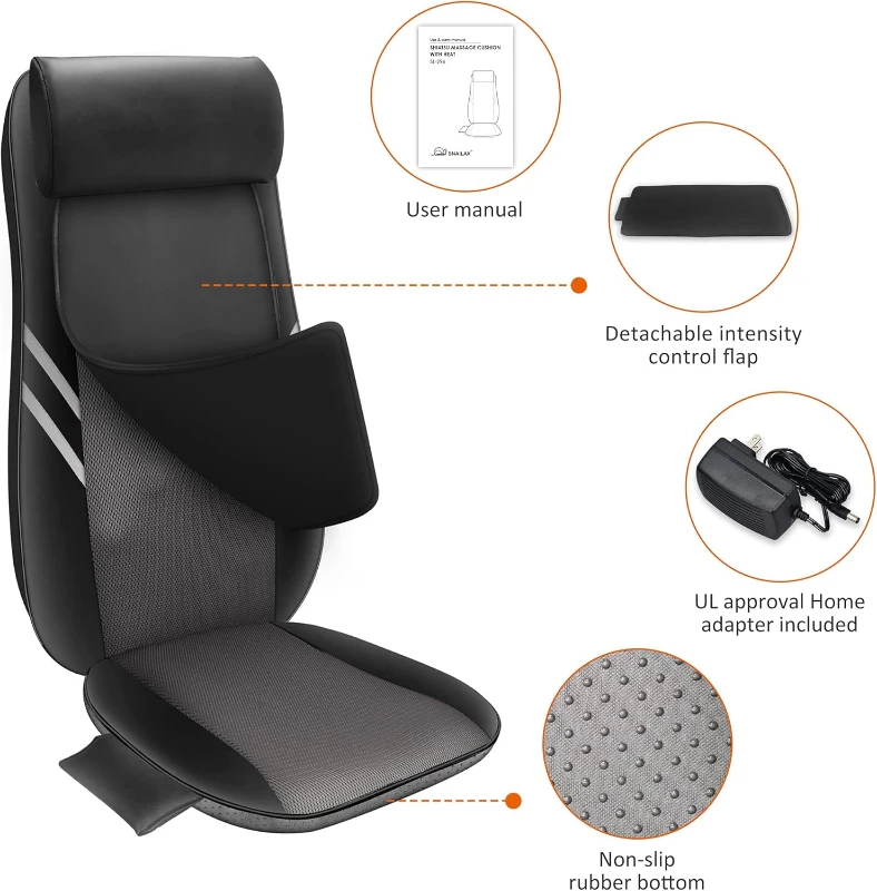 Snailax Shiatsu Back Massager with Heat — Seat Cushion with 8 Flexible Kneading Nodes, Vibration Seat, Detachable Neck Pillow, Anti-Slip Pad for Office & Home, Gift Option