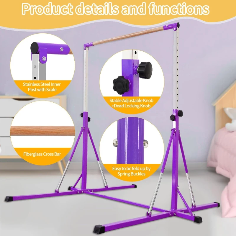 Adjustable Gymnastics Bar for Kids 5FT/6FT - Ages 5-20, Height 35.4""–59"" / 45""–71"", 500 lb Capacity, Home Training Equipment