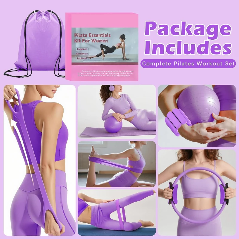Complete Home Pilates Set for Women — 14"" Ring, 9.8"" Ball, Wrist/Ankle Weights, Bands & Accessories, Full Pilates Essentials Kit