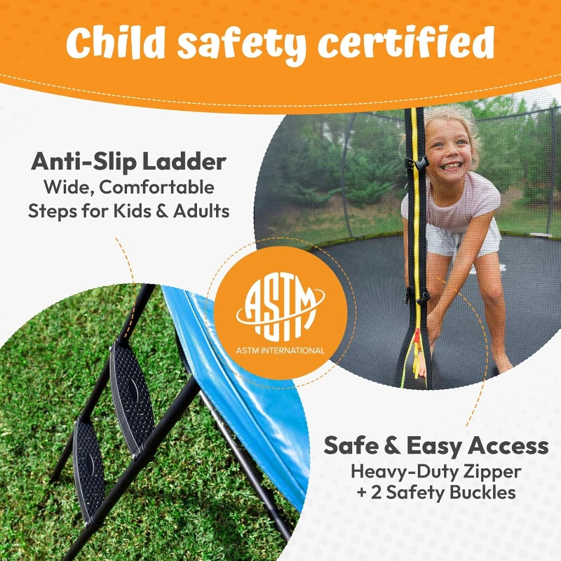 JUMPZYLLA Kids & Adults Trampoline with Safety Net and Ladder — 8FT/10FT/12FT/14FT/15FT/16FT, ASTM F381-16 Certified, Anti-Rust Coated Frame