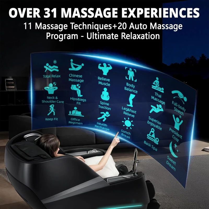 4D Full-Body Massage Chair - 55"" S+L Track Zero Gravity Recliner | 20 Auto Modes, 11 Techniques, 40-Airbag System | Yoga Stretch, App Control (Black)