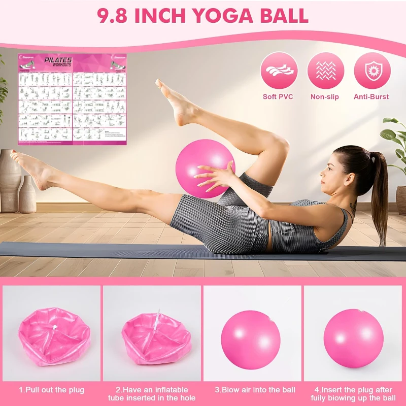 Pilates Home Gym Set — 14"" High-Resilience Ring, Multi-Level Fabric Bands, Mini Ball and Gliders with Training Poster