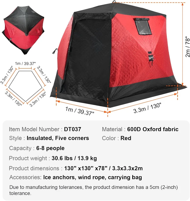 VEVOR Large Insulated Pop-Up Ice Fishing Tent – 600D Oxford, 80g Padding, Hub-Style Shelter for Multiple Anglers, Waterproof, Includes Anchors, Ropes & Carry Bag