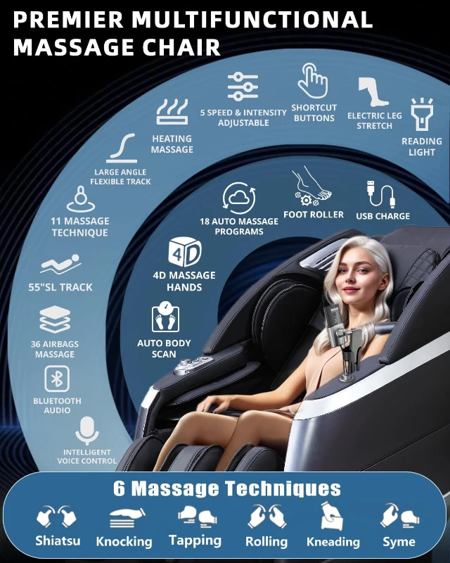 RelaxRelife 4D Full-Body Massage Chair with 166° Flexible SL Track, Reading Lamp, 18 Modes, 11 Techniques, 36 Airbags, Zero Gravity Recliner, Yoga Stretch & Foot Massage (Black)