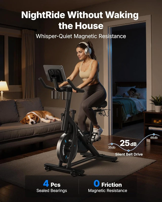 MERACH Exercise Bike with Exclusive App, Low-Noise Magnetic Resistance, 300 lb Capacity, Tablet Mount & Fitness Courses