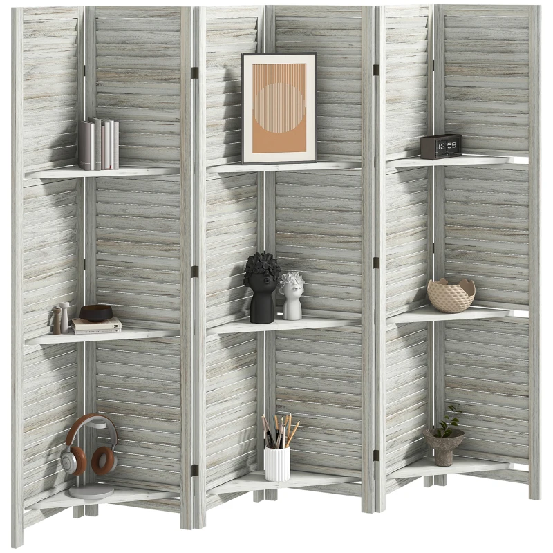 HOMCOM 6 Panel 67" Tall Wood Privacy Screen Room Divider with 3 Shelves and Folding Storage for Bedroom, White
