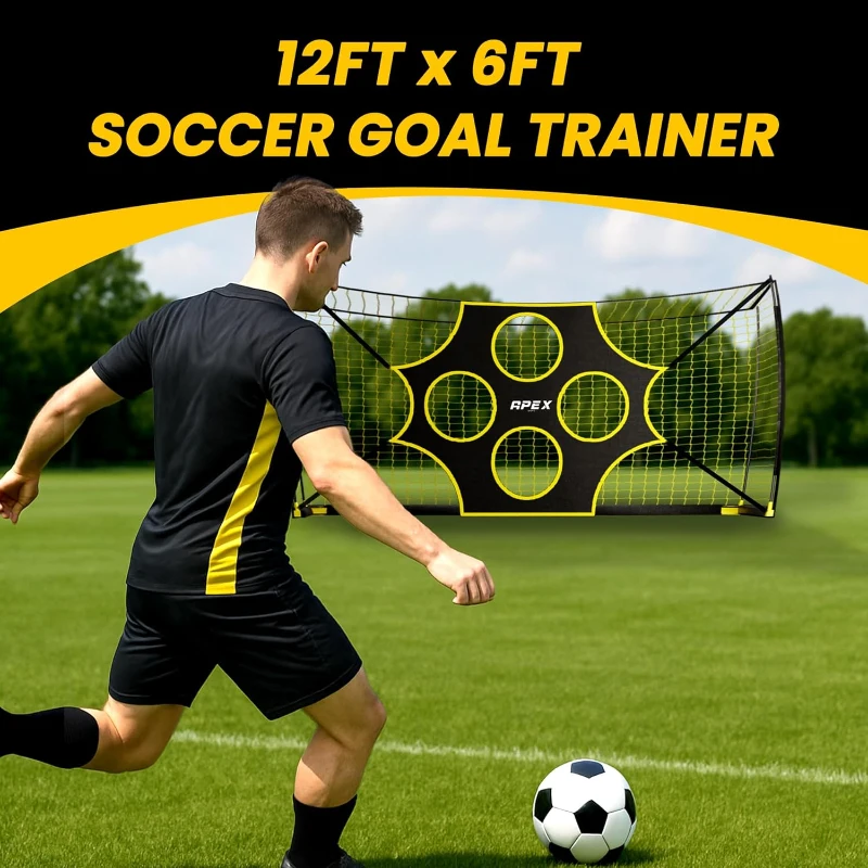 Apex Sports 12 x 6 ft Soccer Goal with Removable 10-Hole Precision Target — Collapsible Portable Net, Rapid Setup & Ground Anchors for Indoor/Outdoor Training