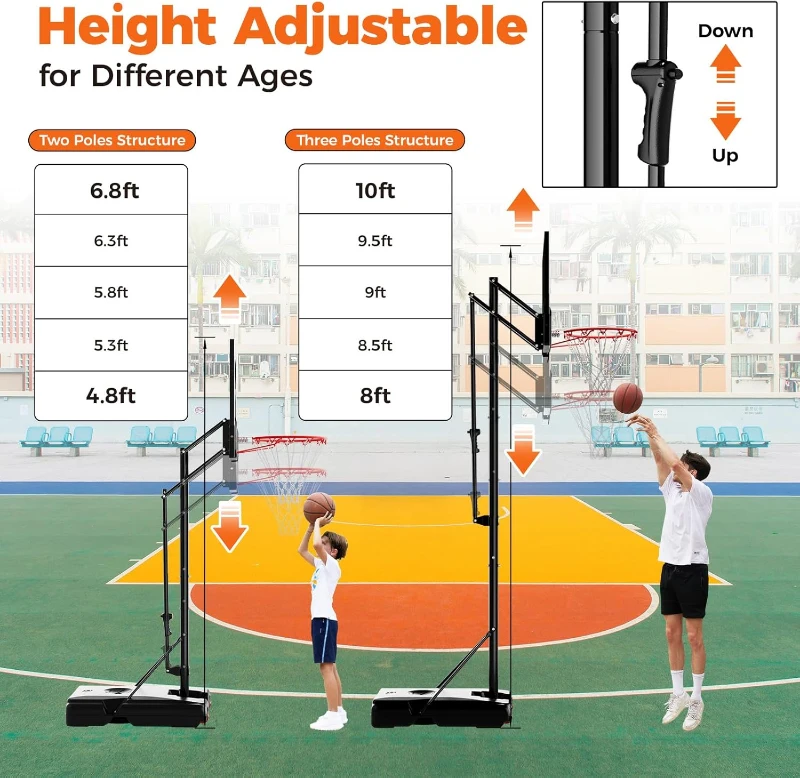44"" Backboard Portable Basketball Hoop by AWII SPORT, Height Adjustable 4.8–10 ft for Kids, Youth and Adults — Outdoor/Indoor