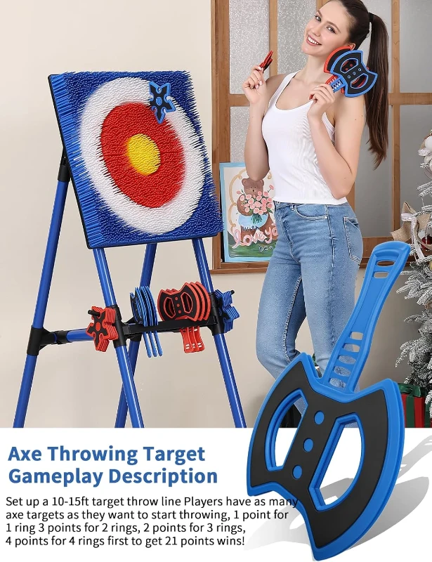 4-in-1 Bristle Axe Throwing Target Set with 8 Long-Handled Axes & 8 Star Darts - Indoor/Outdoor Yard Game
